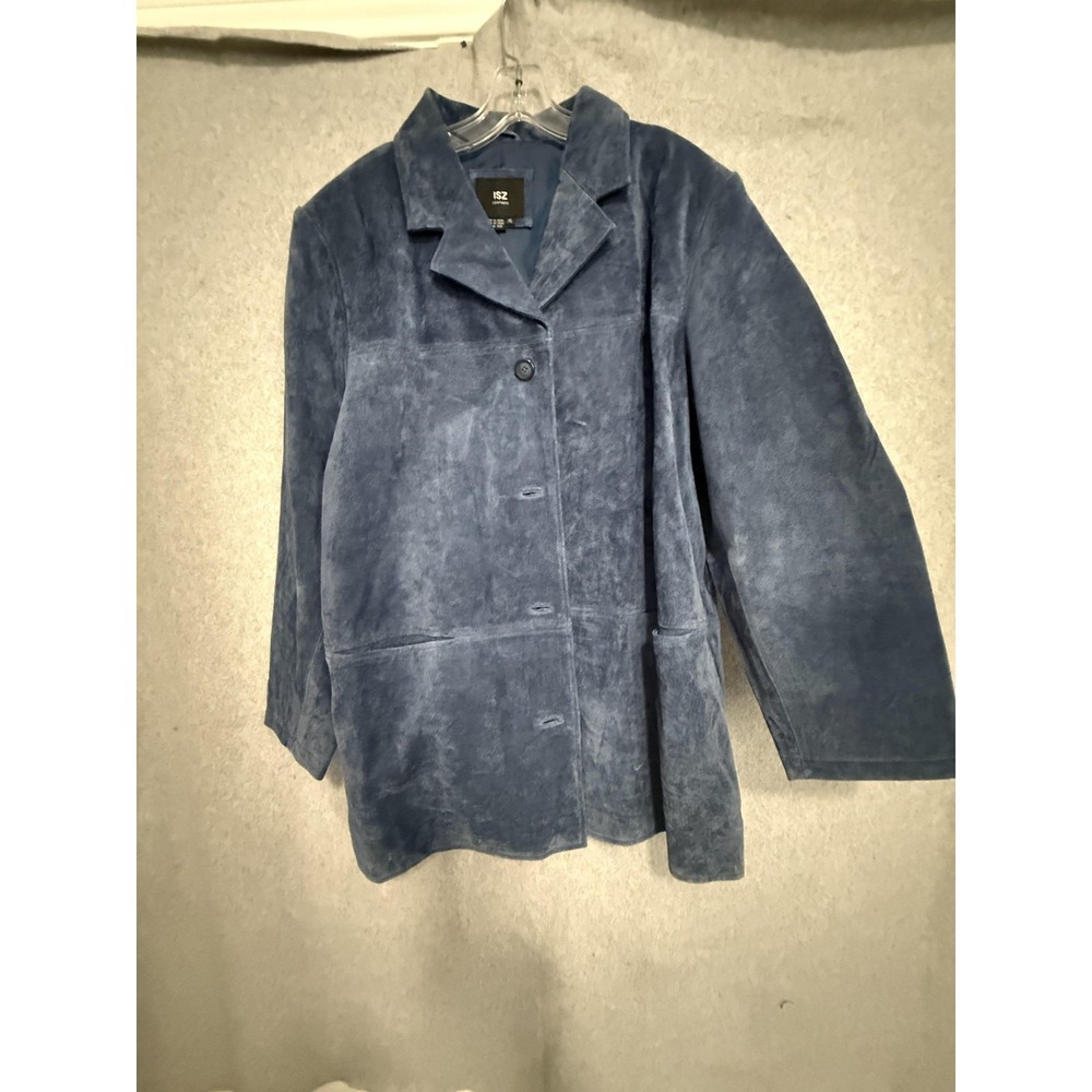 ISZ Leathers Coat Womens XL Blue Leather‎ Mid Length Button Front Lined Pockets